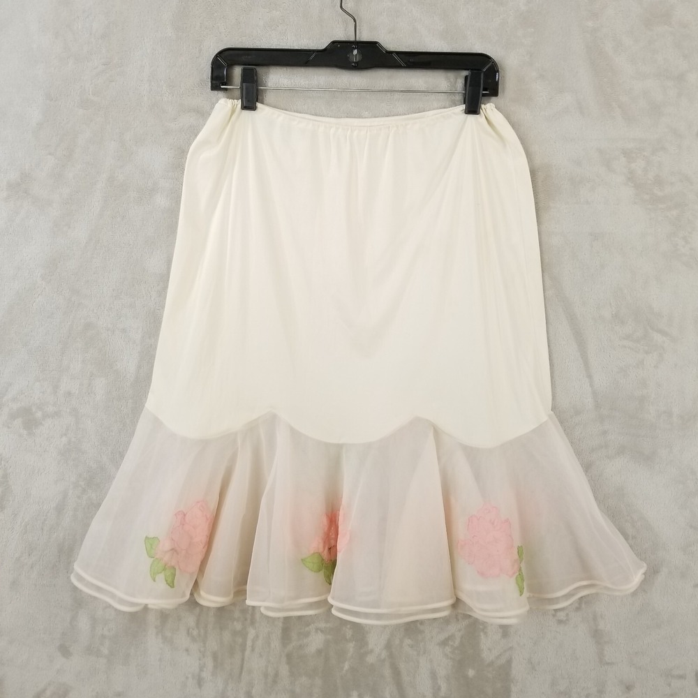 Vtg Half Slip Tulip Skirt 12 Pink Satin Chiffon Roses Lace Applique Nylon USA - Picture 2 of 10